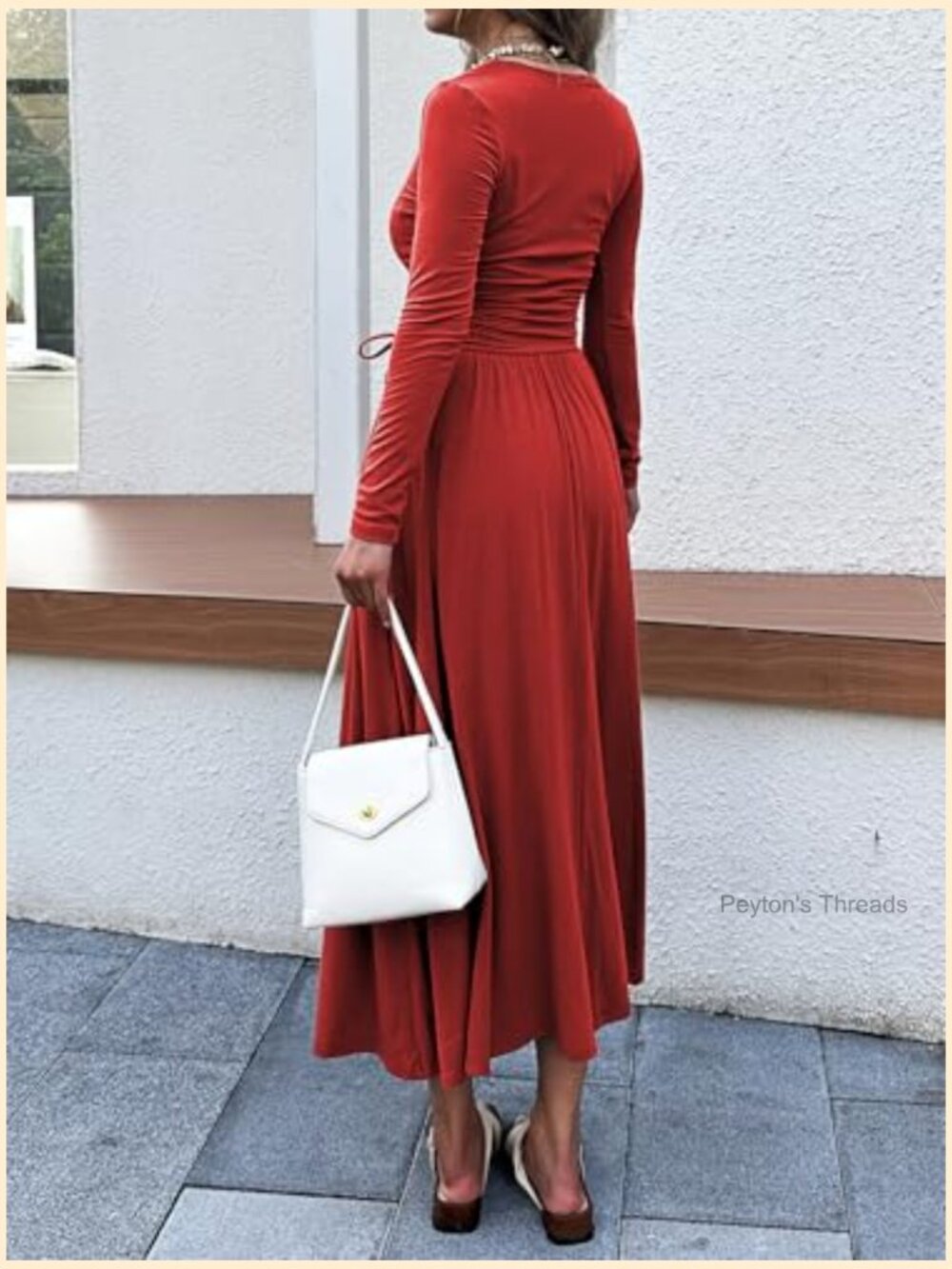 Long Sleeve Square Neck Maxi Dress Adjustable Waist Tie Casual A-Line Pleated - Picture 5 of 6